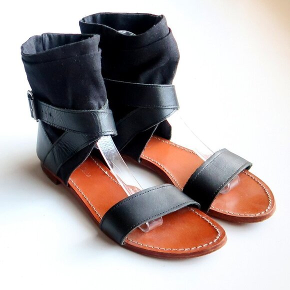 Mellow Yellow Black Leather & Linen Flat Gladiator Sandals Open Toe Summer Shoes - Picture 3 of 16